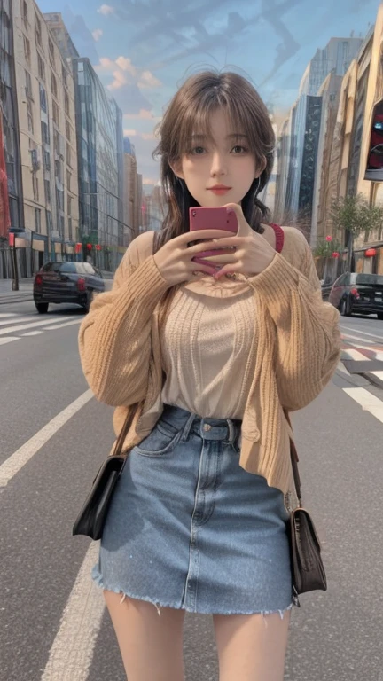 Beautiful woman, fiddling with cell phone in the middle of the street, short clothes