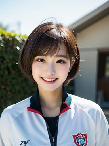 (masterpiece, best quality, photo realistic, official art:1.4), (UHD, 8K quality wallpaper, High resolution, raw photo, film grain:1.2), (shiny skin), professional lighting, physically-based rendering, Award-winning, highly detailed skin, (extremely detailed face and eyes, clear pupils), Carl Zeiss 85 mm F/1.4, depth of field, BREAK, 1girl, solo, kawaii 24-year-old Korean girl, (Nogizaka idol:0.7), (Korean idol:0.9), (glossy brown hair, pixie cut, forehead:1.3), rounded face, single eyelid, (splash laughing:1.3), (wearing track suits, track jackets:1.3), (track pants:0.7), (breasts emphasized, well shaped medium breasts), (looking at viewer), BREAK, at a garden in a school, summer daytime, warm sunlight, (seductive posing, dynamic angle:1.3), breasts focus, upper body shot,