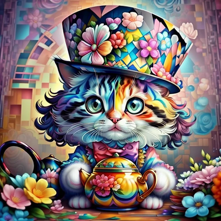 (cute baby cat with top hat, tea pot and flowers),(melhor pose),(best angle), (better expression), Eduardo Kobra acolchoamento ,multidimensional geometric wall PORTRAIT, arte, Chibi,
Yang08k, lindo, Colouring,
Primary works, qualidade superior, melhor qualidade, Arte Oficial, Beautiful and Aesthetic, pelos coloridos,