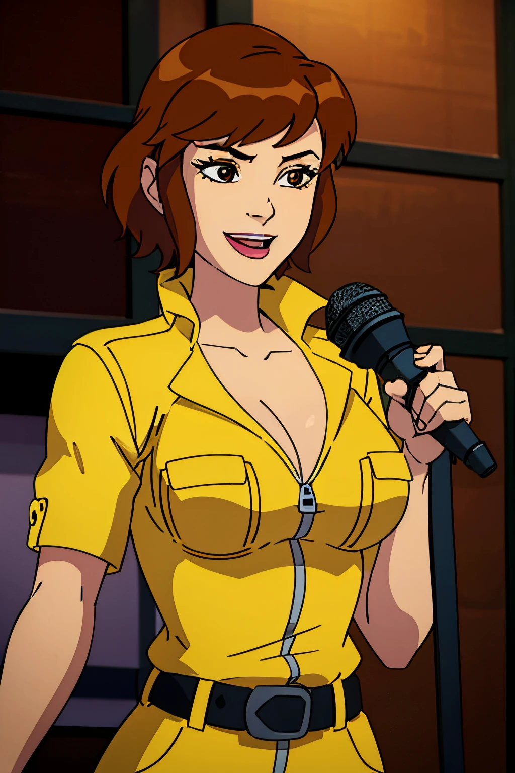 (masterpiece:1.2, best quality:1.2, beautiful, high quality, highres:1.1, aesthetic), detailed, extremely detailed,  
1girl, solo,CARTOON_April_ONeil_TMNT_ownwaifu, www.ownwaifu.com,
brown hair, short hair, breasts, brown eyes, huge breasts, lips, smile,holding microphone, makeup, collarbone, lipstick,
cleavage, sleeves rolled up, yellow jumpsuit, watch, unzipped, zipper, white belt,ben10