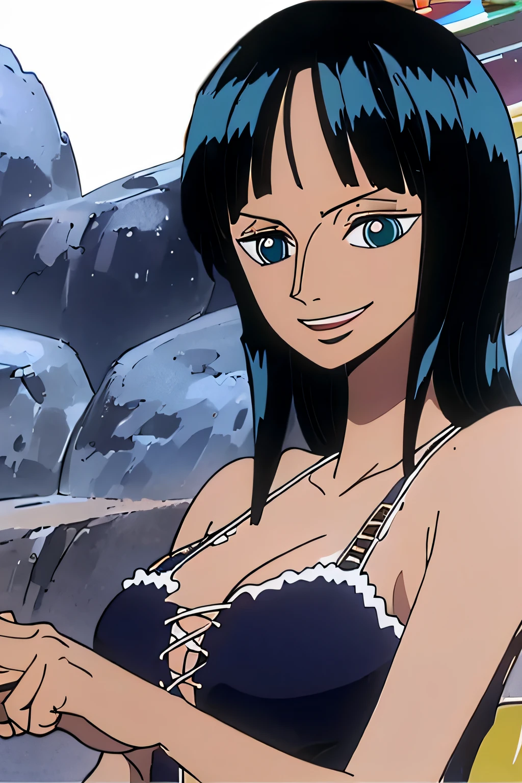 (Obra maestra),La mejor calidad,asombroso,Detalle fino,hermosos ojos detallados, Nico Robin, 1girl,hembra madura,feliz,sonrisa ligera, barriga, , armpits, bathing, bath, blue eyes, , face, upper body, desnudo, 
