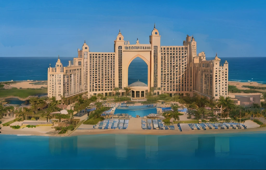 illustration of a hotel building, atlantis dubai, detail, handdrawn, sea