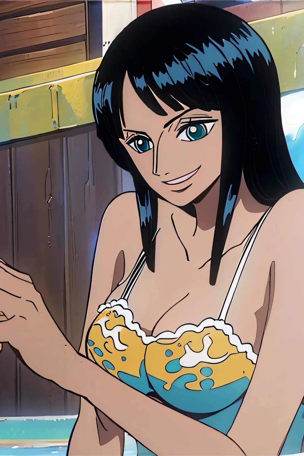(Obra maestra),La mejor calidad,asombroso,Detalle fino,hermosos ojos detallados, Nico Robin, 1girl,hembra madura,feliz,sonrisa ligera, barriga, breasts, armpits, bathing, bath, blue eyes, big breasts, face, upper body, desnudo, nude