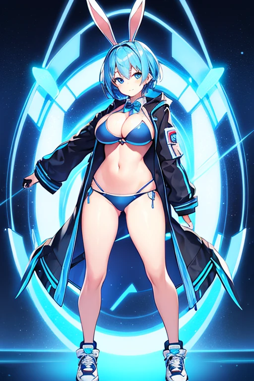 1girl, blue hair, large breasts, bunny ears, rabbit ears, wide hips, blue eyes, short hair, very short hair, science-fiction, tech, futuristic, machinery, full body, neon trim, bikini, light smile, shoes, sneakers, blue trim, black jacket, jacket, v-string, v string