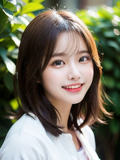 (masterpiece, best quality, photo realistic, official art:1.4), (UHD, 8K quality wallpaper, High resolution, raw photo, film grain:1.2), (shiny skin), professional lighting, physically-based rendering, Award-winning, highly detailed skin, (extremely detailed face and eyes, clear pupils), Carl Zeiss 85 mm F/1.4, depth of field, BREAK, 1girl, solo, kawaii 24-year-old Korean girl, (Nogizaka idol:0.7), (Korean idol:0.9), (glossy brown hair, fluffy medium hair, forehead:1.3), rounded face, single eyelid, (splash laughing:1.3), (wearing track suits, track jackets:1.3), (track pants:0.7), (breasts emphasized, well shaped medium breasts), (looking at viewer), BREAK, at a garden in a school, summer daytime, warm sunlight, (seductive posing, dynamic angle:1.3), breasts focus, upper body shot,