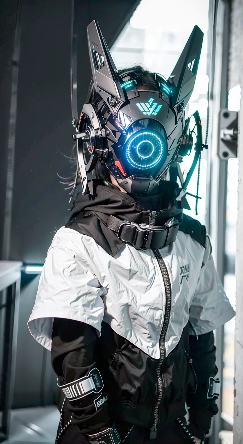 Masterpiece, Best quality, un gros plan d&#39;A little cyborg girl has a futuristic look with a fantastic cybercasque set with LED triangular-colored lights and a halo, vêtue d&#39;une veste Techwear black, fond blanc complet,