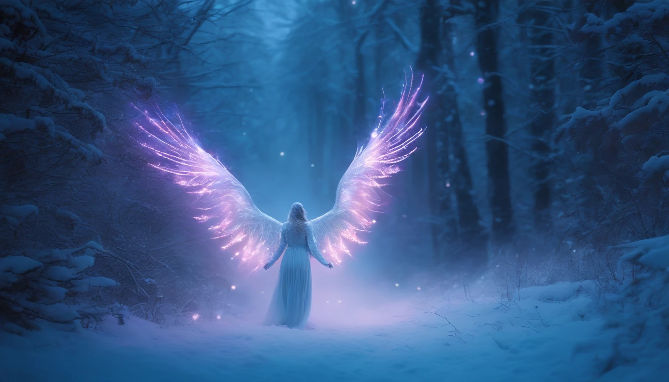 Cosmic Fallen Angel, glowing light eyes, Biomechanical, eerie, Creepy, nightmarish, Very bright colors, Light particles, with light glowing, Mshiff, wallpaper art, UHD wallpaper Draw a picture in the style of a winter evening fairy tale, somewhere in a snowy winter forest. One person is carrying a gift and running, with dozens of people chasing after him