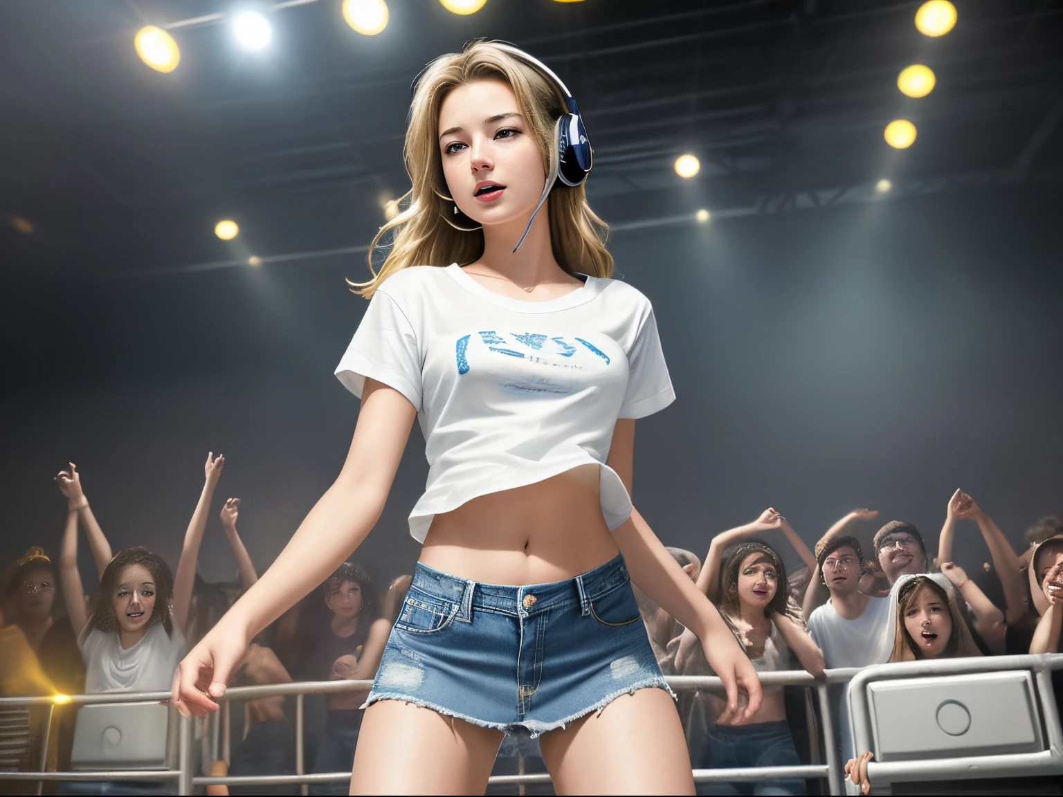 top quality 32k raw photo of 18-year-old Emily VanCamp wearing white T shirt and jeans skirt and headphone. navel look. she is on the disco stage dancing. colorful lights,
