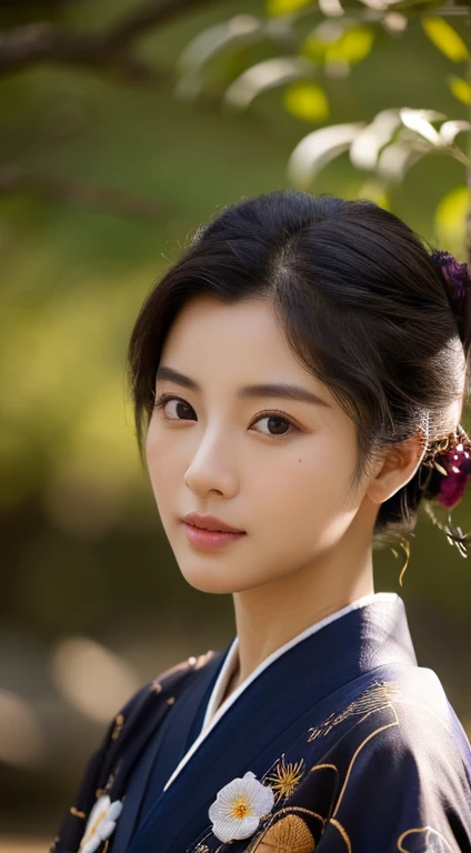 ((Top Quality, 8K, Masterpiece: 1.3)), Sharp Focus: 1.2, (Super Beautiful Face: 1.0), (Glossy Skin: 1.0), Realistic Photos, Black Hair, Realistic Pupils, Movie Lighting, Highly Detailed Eyes and Face, Movie Lighting, (Cowboy Shot: 1.0), (kimono, hakama, obi: 1.15), (Korean Cute Actress), in nature, classic kimono,