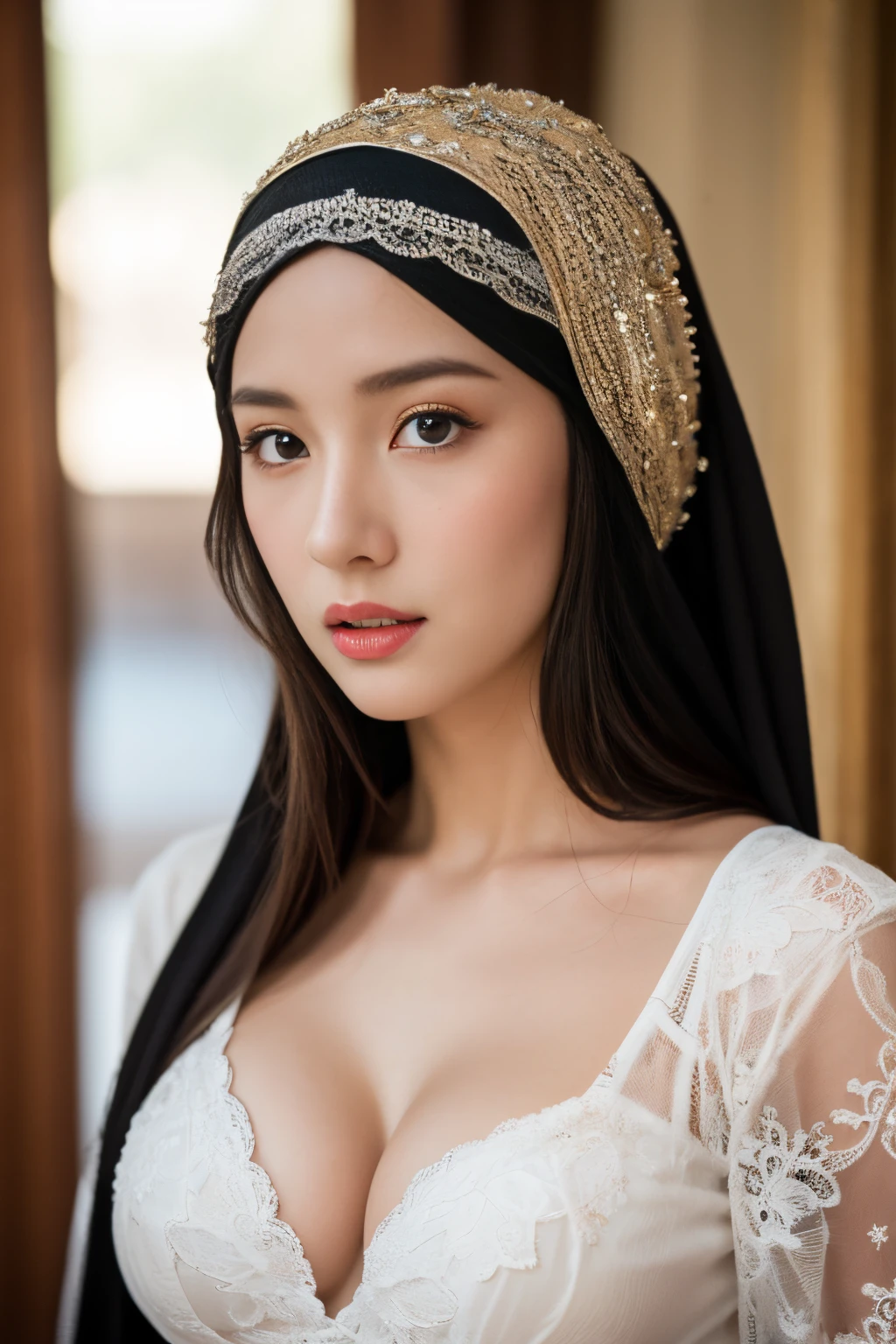 (masterpiece: 1.3)、highest quality、Ultra-high resolution、(Sharp Focus)、(Photorealistic: 1.4)、Real、(Beautiful Face: 1.3)、(Detailed and perfect face)、(Large, even eyes)、Very detailed、Group photo、((One mature woman))、32 years old、(Harem)、Cowboy Shot、(palace)、Gold and pillows、flower、(Hijab)、(Niqab)、(Brown Skin: 1.5)、Multiple Girls、(Sexy Lingerie))、((Perfect proportions))、See who's watching、
