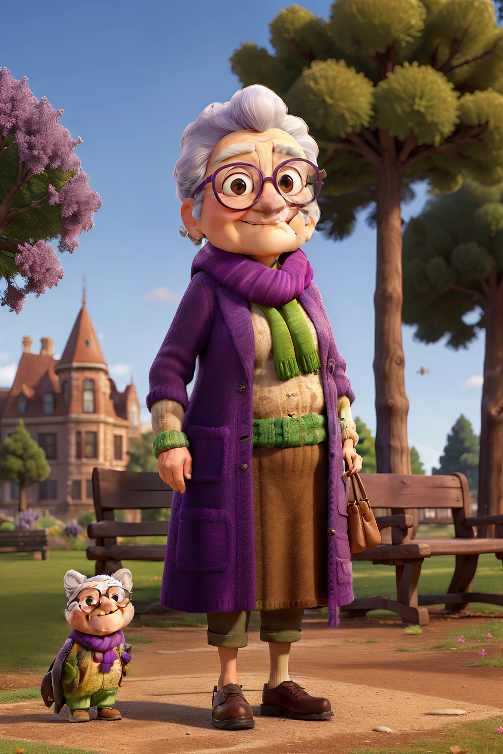 masterpiece, best quality, an old woman with glasses and a scarf on, wearing a purple coat and green scarf, standing at the park