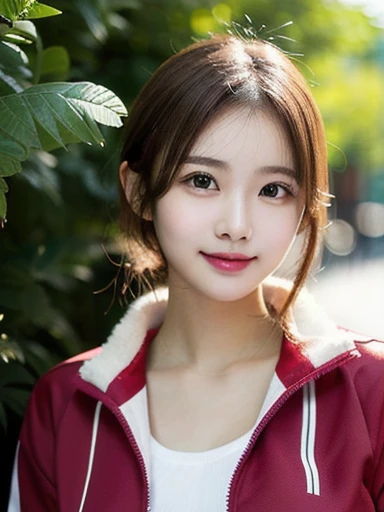 (masterpiece, best quality, photo realistic, official art:1.4), (UHD, 8K quality wallpaper, High resolution, raw photo, film grain:1.2), (shiny skin), professional lighting, physically-based rendering, Award-winning, highly detailed skin, (extremely detailed face and eyes, clear pupils), Carl Zeiss 85 mm F/1.4, depth of field, BREAK, 1girl, solo, kawaii 24-year-old Korean girl, (Nogizaka idol:0.7), (Korean idol:0.9), (glossy brown hair, fluffy medium hair, forehead:1.3), rounded face, single eyelid, (smirk:1.3), (wearing track suits, track jackets:1.3), (track pants:0.7), (breasts emphasized, well shaped medium breasts), (looking at viewer), BREAK, at a garden in a school, summer daytime, warm sunlight, (seductive posing, dynamic angle:1.3), breasts focus, upper body shot,