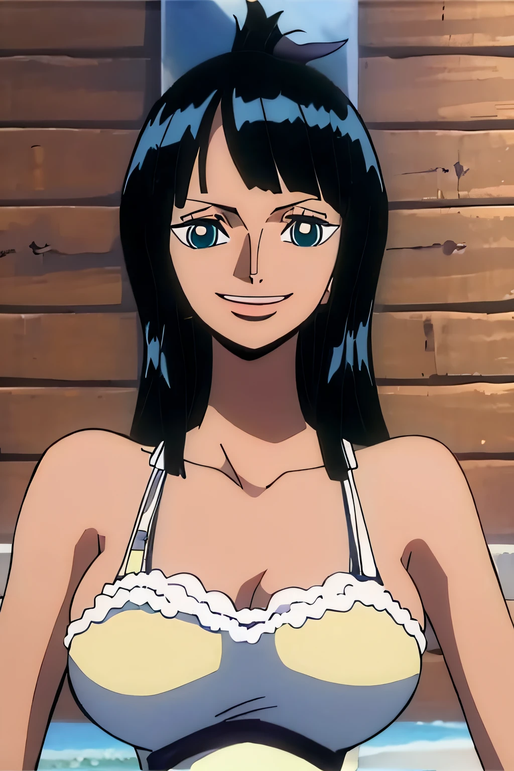 (Obra maestra),La mejor calidad,asombroso,Detalle fino,hermosos ojos detallados, Nico Robin, 1girl,hembra madura,feliz,sonrisa ligera, barriga, breasts, armpits, bathing, bath, blue eyes, big breasts, face, upper body, desnudo, nude