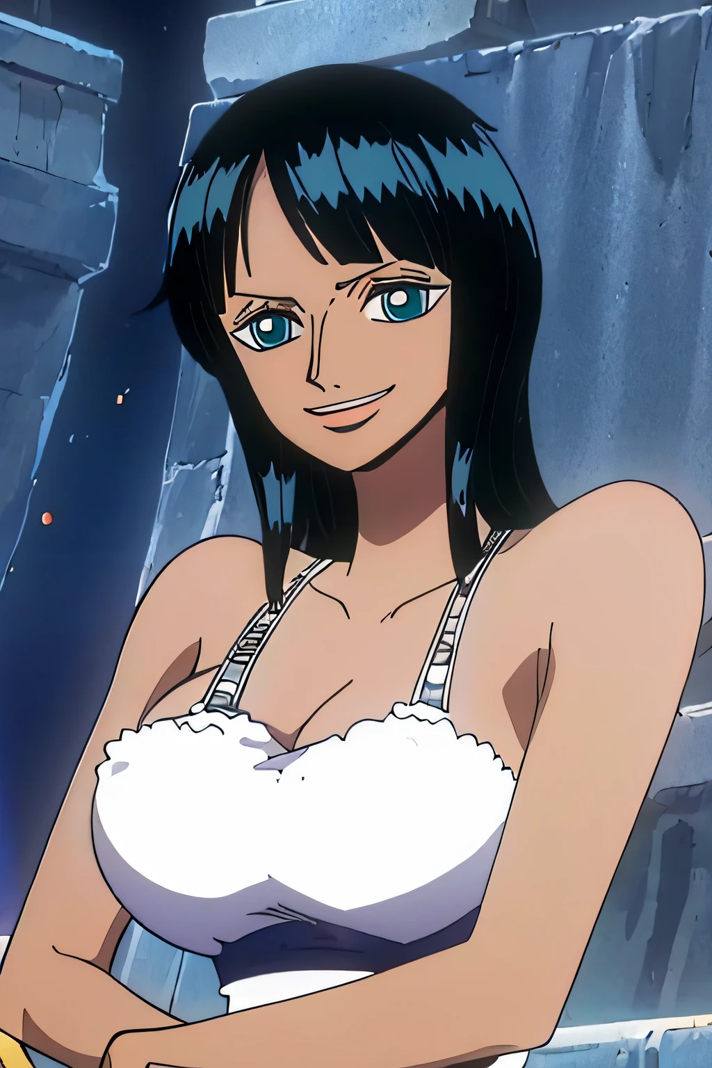(Obra maestra),La mejor calidad,asombroso,Detalle fino,hermosos ojos detallados, Nico Robin, 1girl,hembra madura,feliz,sonrisa ligera, barriga, breasts, armpits, bathing, bath, blue eyes, big breasts, face, upper body, desnudo, nude