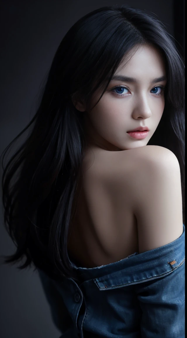 Top Quality, Intricate Details, Ultra Detail, Ultra High Resolution, Masterpiece, close up shot, Slender, (Makeup: 0.4), (Fluffy Blue Eyes: 1.21), blue Eyes, close up shot, ,fit body, sharp face, sharp eyes,black hair, long hair, random hairstyle , detailed face, sharp face, sexy black denim, detailed face, detailed breast, , large breast, detail ass,, Perfect Body, (( dark background)), black background,