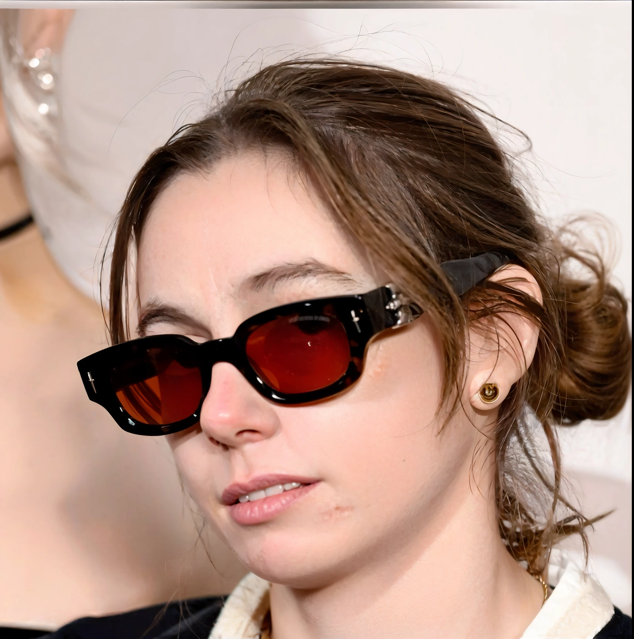 arafed woman wearing sunglasses and a bow tie standing in front of a wall, zoe kazan, wearing versace sunglasses, billie eilish, with sunglasses, charli bowater, taken in the early 2020s, with sunglass, gucci glasses, in suit with black glasses, wearing a suit and glasses, beautiful taissa farmiga, Julien baker 3d Pixar character
