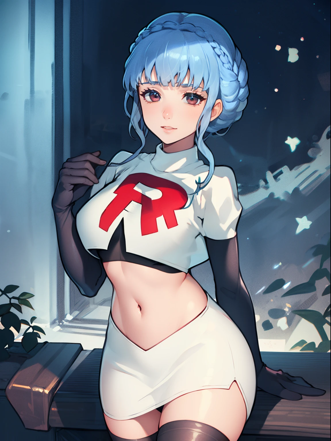 marianne von edmund, team rocket uniform, red letter R, white skirt,white crop top,black thigh-high boots, black elbow gloves, looking at viewer, cowboy shot, sexy pose, night sky background