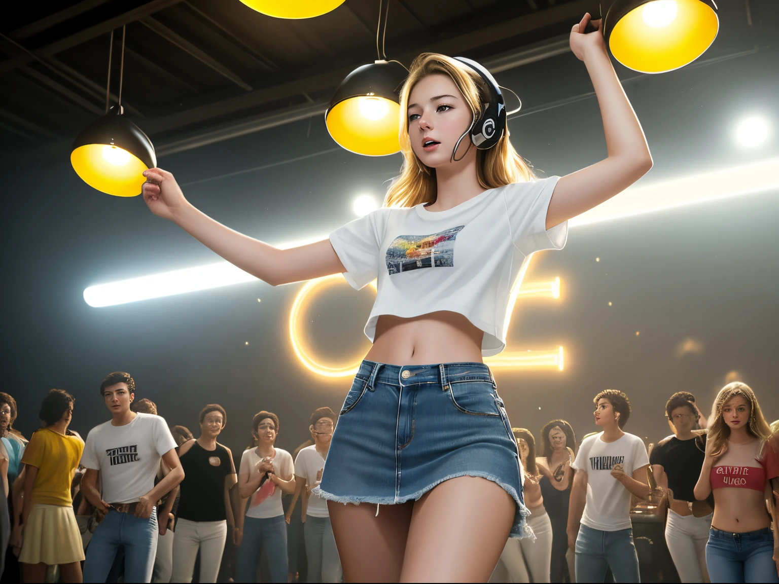 top quality 32k raw photo of 18-year-old Emily VanCamp wearing white T shirt and jeans skirt and headphone. navel look. she is on the disco stage dancing. colorful lights,