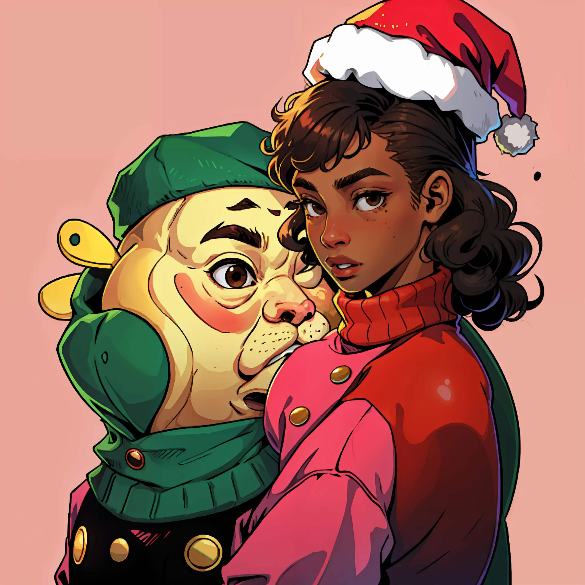 one character, comic book style, black skin, curly buzz cut hair, dark brown hair, dark brown eyes, rounded face, button nose, plump lips, looking to the right, christmas hat, pink background, red turtleneck sweater.