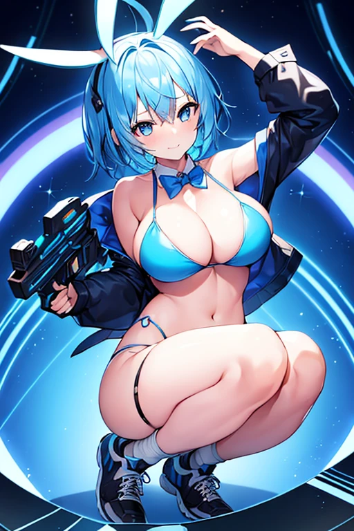 1girl, blue hair, large breasts, bunny ears, rabbit ears, wide hips, blue eyes, short hair, very short hair, science-fiction, tech, futuristic, machinery, neon trim, bikini, light smile, shoes, sneakers, blue trim, black bikini, v-string, v string