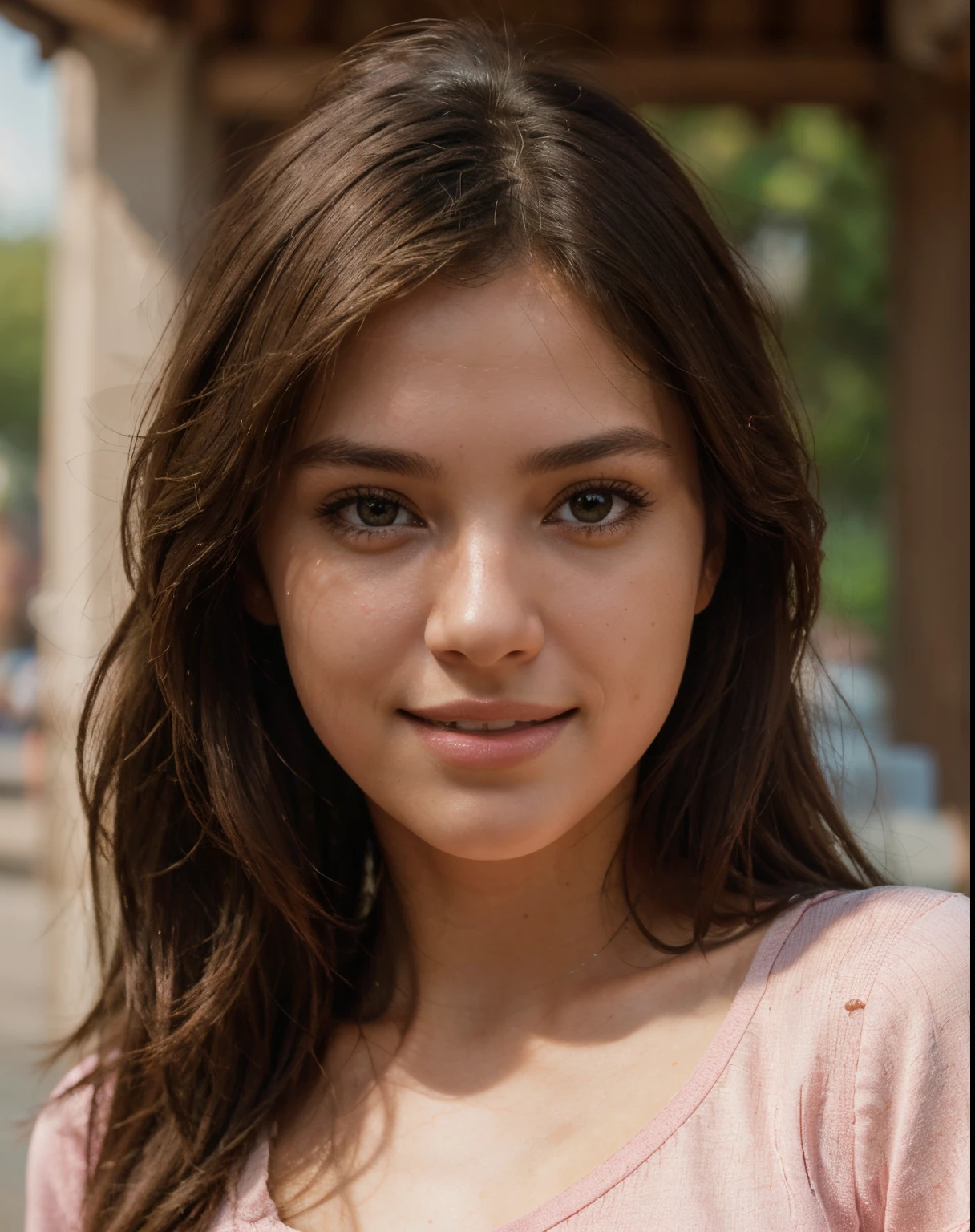 A close-up view of a beautiful European girl's face, with brown eyes and brunette hair, wearing a pink t-shirt, smiling, ultra-high resolution, (photorealistic: 1.4), high resolution, (brown eyes), (finely detailed skin), (perfectly proportioned) (photo realistic) (masterpiece) (photorealistic), ultrarealistic (Best Quality) (Detailed) photographed in a Canon EOS R5, 50mm Lens, F/2.8, (8K) (Wallpaper) (Natural lighting) (Convoluted) Fashion