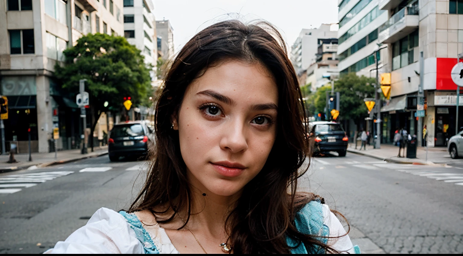 ((best quality)), ((master part)), (circunstanciado), rosto perfeito
morena com olhos castanhos claros, She is wearing a light blue blouse, clean face, selfie on Avenida Paulista