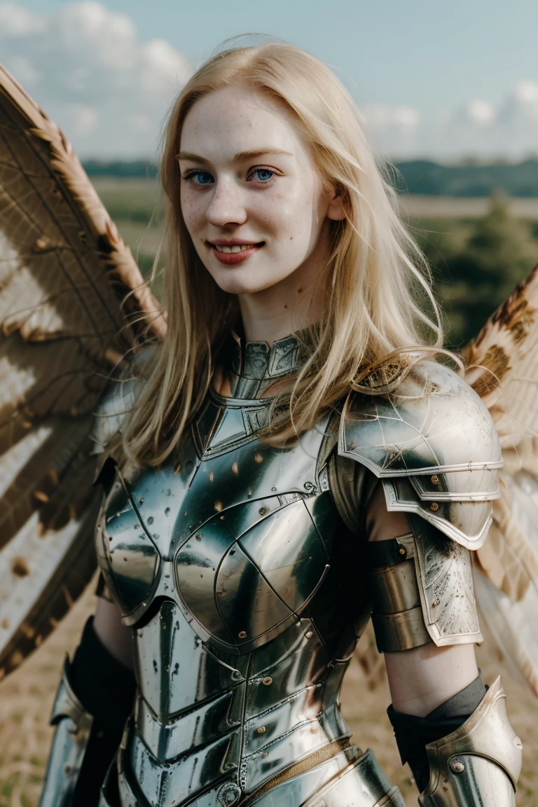 Ultra realistic photography of dbwl woman with many huge beauty marks on her natural pale white skin  ,    (medium shot:1.4) ,  (full body portrait:.6), 
 (SFW),  ((wings,( fractal armor))) , dressed, upper arms,   ((in frame)),

 ((fighting stance)),  natural (  pale light blonde eyelashes) , blue eyes, medieval background,
 detailed Natural pale white skin  with (many huge round beauty marks) , smile, light pale blonde eyebrows,
 happy, clean cheeks,
detailed, natural light blonde,  outdoors, sunny, high resolution, photograph, RAW photo, fr4ctal4rmor, [[sexy]]
