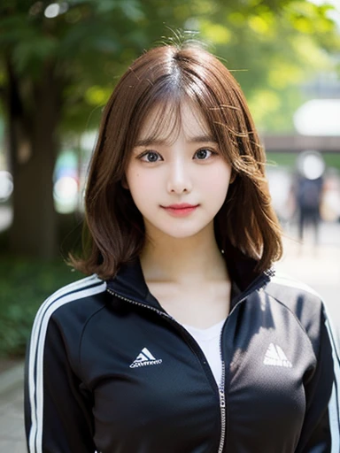 (masterpiece, best quality, photo realistic, official art:1.4), (UHD, 8K quality wallpaper, High resolution, raw photo, film grain:1.2), (shiny skin), professional lighting, physically-based rendering, Award-winning, highly detailed skin, (extremely detailed face and eyes, clear pupils), Carl Zeiss 85 mm F/1.4, depth of field, BREAK, 1girl, solo, kawaii 24-year-old Korean girl, (Nogizaka idol:0.7), (Korean idol:0.9), (glossy brown hair, fluffy medium hair, forehead:1.3), rounded face, single eyelid, (soft smiling:1.3), (wearing track suits, track jackets:1.3), (track pants:0.7), (breasts emphasized, well shaped medium breasts), (looking at viewer), BREAK, at a garden in a school, summer daytime, warm sunlight, (seductive posing, dynamic angle:1.3), breasts focus, upper body shot,