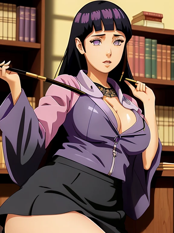 Hinata smoking weed, big breasts, library background, purple top,black skirt, pink panties, smoking a joint