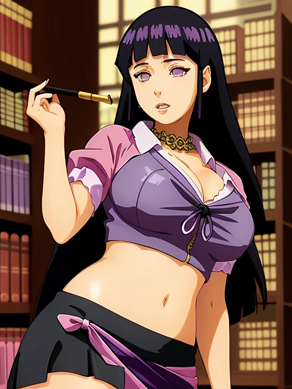 Hinata smoking weed, big breasts, library background, purple top,black skirt, pink panties, smoking a joint