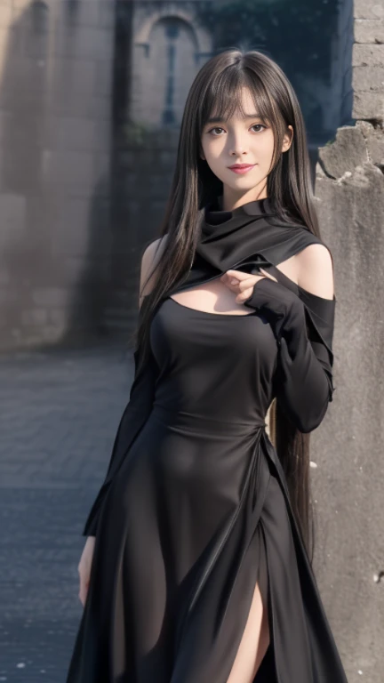 (A hyper-realistic)、(illustratio)、(hight resolution)、(8K)、(ighly detailed)、(Best Illustration)、(beautifully detailed eyes)、(top-quality)、(ultra-detailliert)、(masterpiece)、(wall-paper)、(A detailed face)、独奏、1 girl in、looking at viewert、fine detailed、A detailed face、in the darkness nigth、deep-shadows、lowkey、pureerosfaceace_v1、A smile、long、Black shawl straight hair、46-point diagonal bangs, (silk dresses、long skirt)(off shoulders)View of the castle、、Stand against the wall