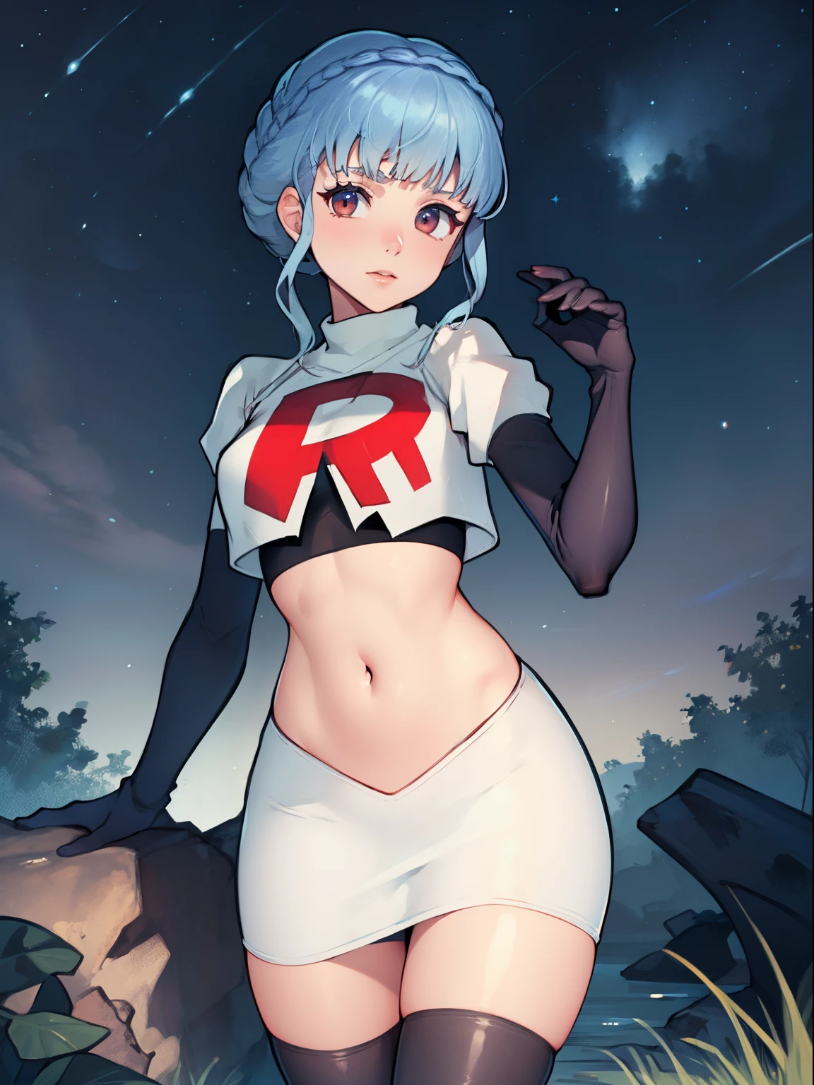 marianne von edmund, team rocket uniform, red letter R, white skirt,white crop top,black thigh-high boots, black elbow gloves, looking at viewer, cowboy shot, sexy pose, night sky background