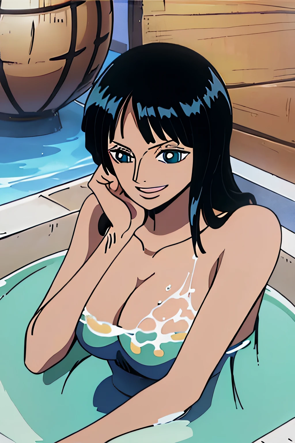 (Obra maestra),La mejor calidad,asombroso,Detalle fino,hermosos ojos detallados, Nico Robin, 1girl,hembra madura,feliz,sonrisa ligera, barriga, breasts, armpits, bathing, bath, blue eyes, big breasts, face, upper body, desnudo, nude