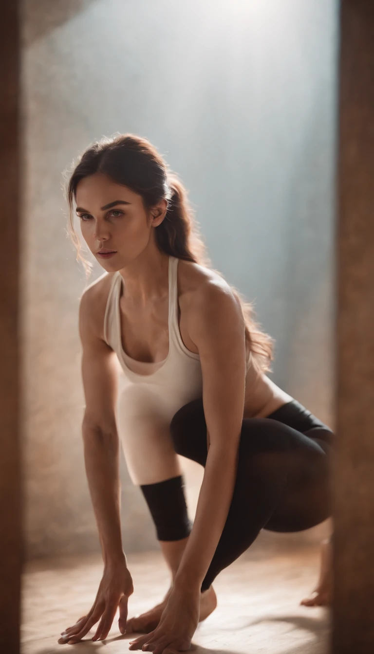 The same model doing squats with aesthetic lights.