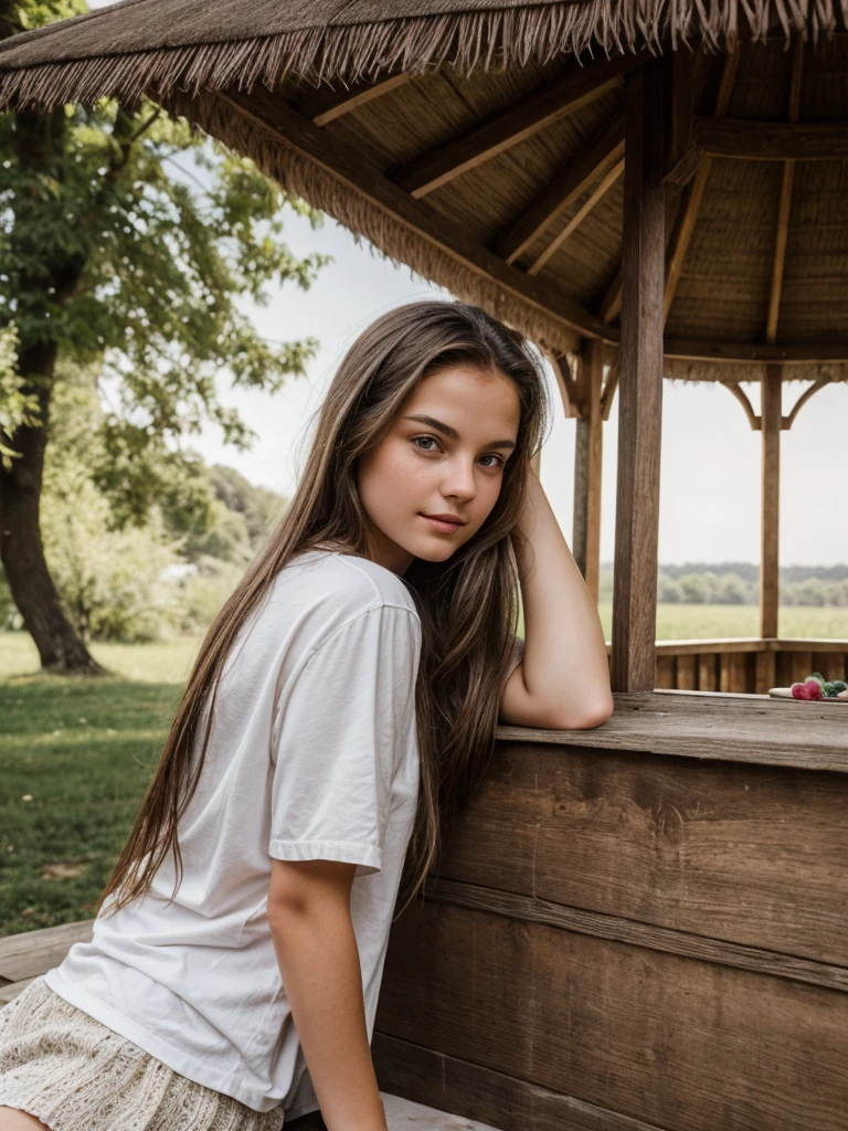 Arafed woman sitting on a park bench with a thatched hut, gorgeous young model, cute young girl, Beautiful young girl, cute young woman, portrait sophie mudd, beautiful model, aleksandra waliszewska, Girl with brown hair, magdalena radziej, young beautiful woman, young girl, ukrainian girl, Portrait of a age girl