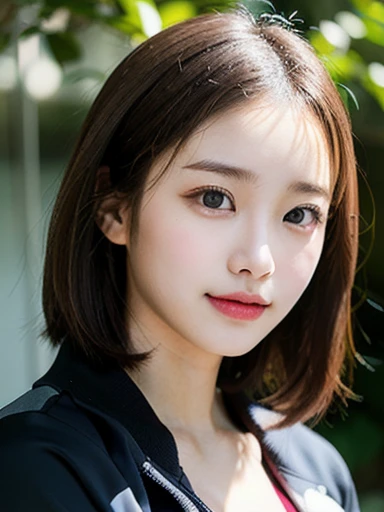 (masterpiece, best quality, photo realistic, official art:1.4), (UHD, 8K quality wallpaper, High resolution, raw photo, film grain:1.2), (shiny skin), professional lighting, physically-based rendering, Award-winning, highly detailed skin, (extremely detailed face and eyes, clear pupils), Carl Zeiss 85 mm F/1.4, depth of field, BREAK, 1girl, solo, kawaii 24-year-old Korean girl, (Nogizaka idol:0.7), (Korean idol:0.9), (glossy brown hair, fluffy medium hair, forehead:1.3), rounded face, single eyelid, (soft smiling, closed mouth:1.3), (wearing track suits, track jackets:1.3), (track pants:0.7), (breasts emphasized, well shaped medium breasts), (looking at viewer), BREAK, at a garden in a school, summer daytime, warm sunlight, (seductive posing, dynamic angle:1.3), breasts focus, upper body shot,