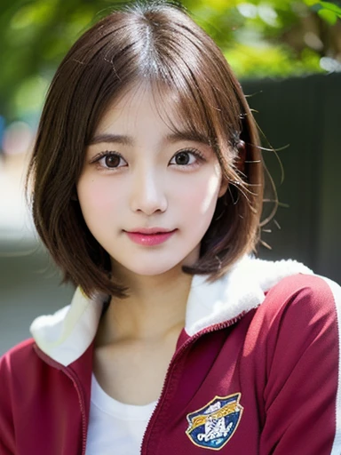 (masterpiece, best quality, photo realistic, official art:1.4), (UHD, 8K quality wallpaper, High resolution, raw photo, film grain:1.2), (shiny skin), professional lighting, physically-based rendering, Award-winning, highly detailed skin, (extremely detailed face and eyes, clear pupils), Carl Zeiss 85 mm F/1.4, depth of field, BREAK, 1girl, solo, kawaii 24-year-old Korean girl, (Nogizaka idol:0.7), (Korean idol:0.9), (glossy brown hair, fluffy medium hair, forehead:1.3), rounded face, single eyelid, (soft smiling, closed mouth:1.3), (wearing track suits, track jackets:1.3), (track pants:0.7), (breasts emphasized, well shaped medium breasts), (looking at viewer), BREAK, at a garden in a school, summer daytime, warm sunlight, (seductive posing, dynamic angle:1.3), breasts focus, upper body shot,