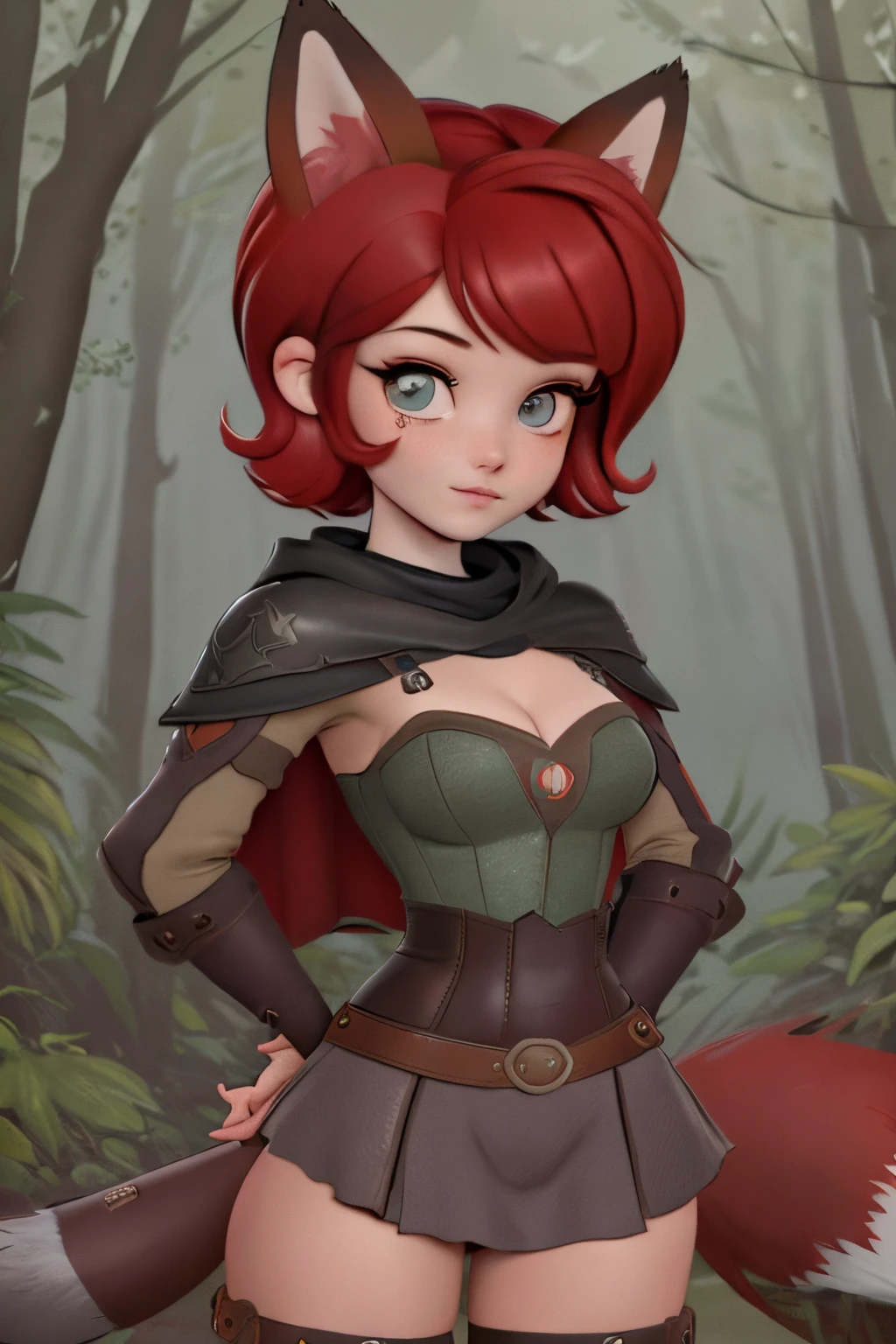 close up 1girl in, teenager, Solo, (undercut red hair: 1.28), ((light gray eyes)),  some small freckles, (dark fox ears & tail:1.35), pale skin, medium breasts, cleavage, (thin hips, thin waist: 1.25), (arched back:1.12), detailed skin, mischievous face, revealing ranger attire, brown leather, cowl, cloak, corset, long boots, buckles, straps, pouches, bow and arrow, green fabric, brown leather, (sexy pose: 1.22), (detailed magical forest background:1.1), creek, overlooking opening in forest, relaxing, 4k textures, soft light, elegant, highly detailed, sharp focus, soothing tones, insane details, intricate details, hyperdetailed, high contrast, hdr