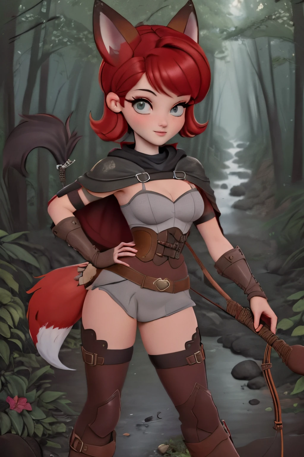 close up 1girl in, teenager, Solo, (undercut red hair: 1.28), ((light gray eyes)),  some small freckles, (dark fox ears & tail:1.35), pale skin, medium breasts, cleavage, (thin hips, thin waist: 1.25), (arched back:1.12), detailed skin, mischievous face, revealing ranger attire, brown leather, cowl, cloak, corset, long boots, buckles, straps, pouches, bow and arrow, green fabric, brown leather, (sexy pose: 1.22), (detailed magical forest background:1.1), creek, overlooking opening in forest, relaxing, 4k textures, soft light, elegant, highly detailed, sharp focus, soothing tones, insane details, intricate details, hyperdetailed, high contrast, hdr