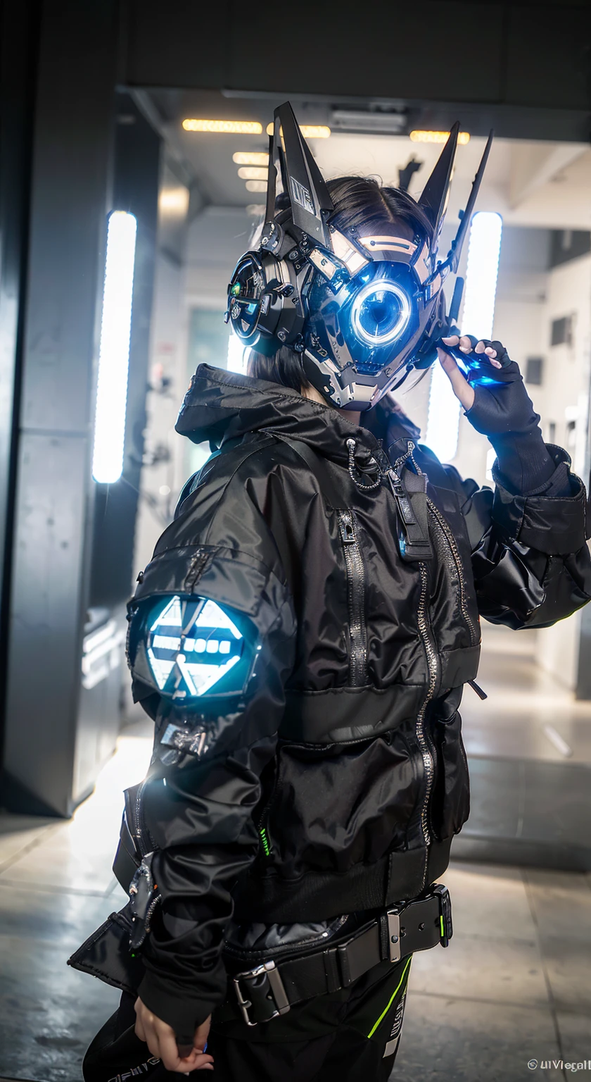 Masterpiece, Best quality, un gros plan d'A little cyborg girl has a futuristic look with a fantastic cybercasque set with LED triangular-colored lights and a halo, vêtue d'une veste Techwear black, fond blanc complet,