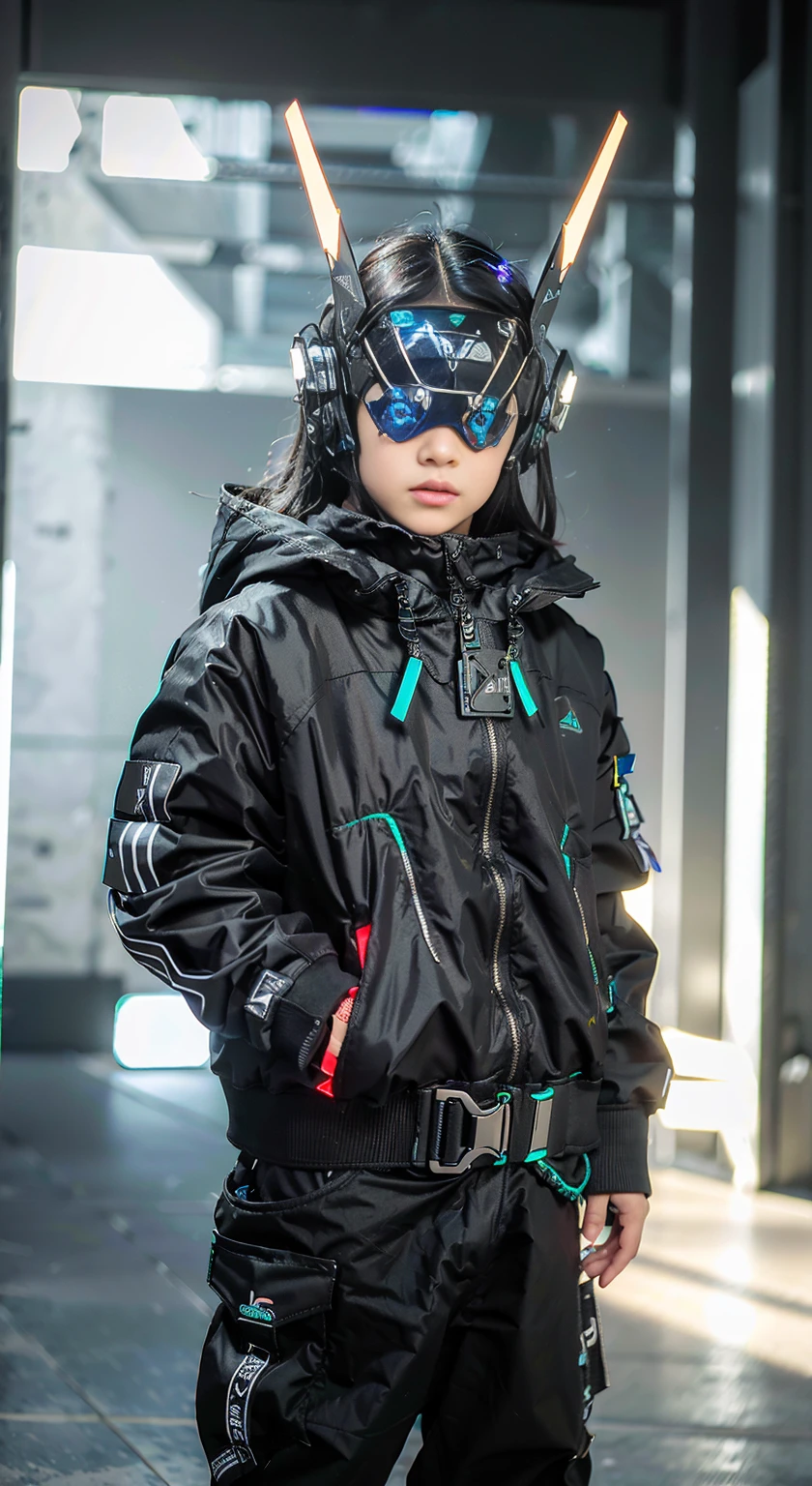 Masterpiece, Best quality, un gros plan d&#39;A little cyborg girl has a futuristic look with a fantastic cybercasque set with LED triangular-colored lights and a halo, vêtue d&#39;une veste Techwear black, fond blanc complet,