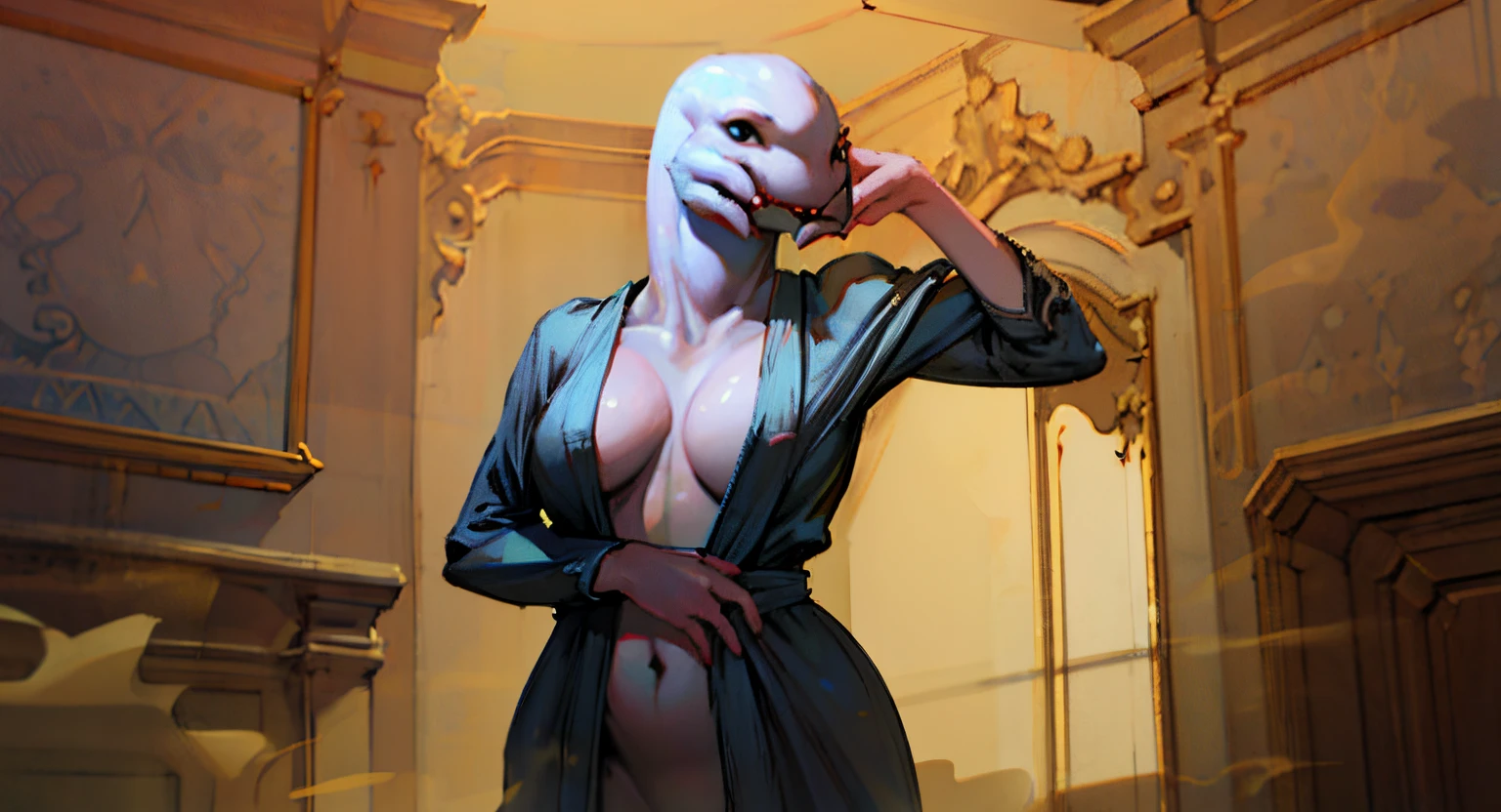 (best quality, masterpiece:1.2), ultra high res, realistic, front lighting, intricate detail, Exquisite details and textures, 1sangheili, solo, facial mole, grey skin, looking at viewer, big eyes, silk robe, (hollow pattern, white, silk),small breasts, slim body, luxury room, professional lighting, photon mapping, radiosity, physically-based rendering, alien, sangheili warrior, farting, passing gas, flatulence, big breasts, bewitching hips