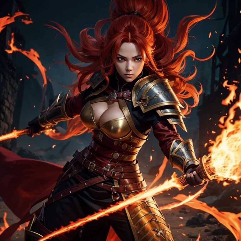 Anime female fire genasi with fire like hair wearing a vampire hunter style armor wielding 2 whips of fire