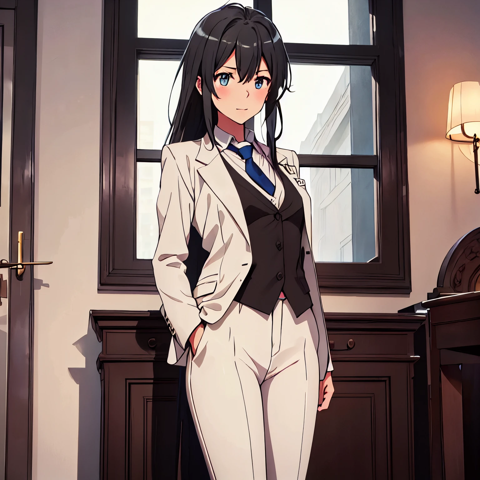 1GIRL , Yukinoshita yukino , Yukinoshita yukino,woman in formal attireactive suit tuxedo tailcoat standing in a large alcove in the room, 1girl, solo, necktie, black hair, blue eyes, long hair, smile, jacket, looking at viewer, shirt, pants, blue necktie, collared shirt, white pants, white shirt, indoors, bangs, long sleeves, closed mouth, window, black jacket, blush, cowboy shot, formal, suit, full body