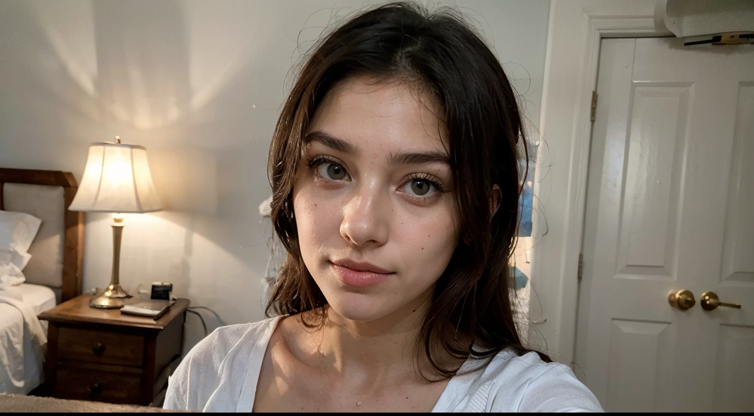 ((best quality)), ((master part)), (circunstanciado), 
foto extremamente detalhada
rosto perfeito
morena com olhos castanhos claros, she is wearing a light blue blouse clean face selfie indoors