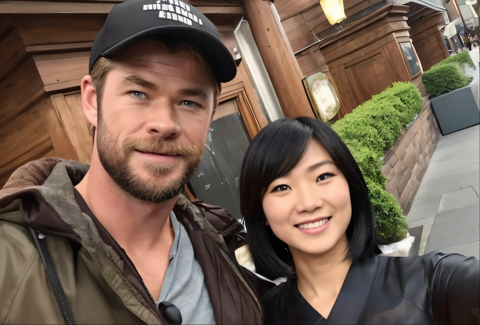 (Best quality, 8k, 32k, Masterpiece, UHD:1.2) "Generate an art scene featuring a well-known celebrity "Chris Hemsworth" posing with a Japanese fan for a selfie. Show the celebrity and the fan in a joyful and friendly interaction, capturing a candid moment of connection and excitement. Portray the celebrity with their recognizable features and the fan displaying enthusiasm and admiration. Ensure the setting reflects a casual yet vibrant environment, possibly with hints of a crowded event or a bustling backdrop that complements the celebratory atmosphere. Emphasize the genuine and happy expressions of both the celebrity and the fan, creating a heartwarming scene of connection and fandom."