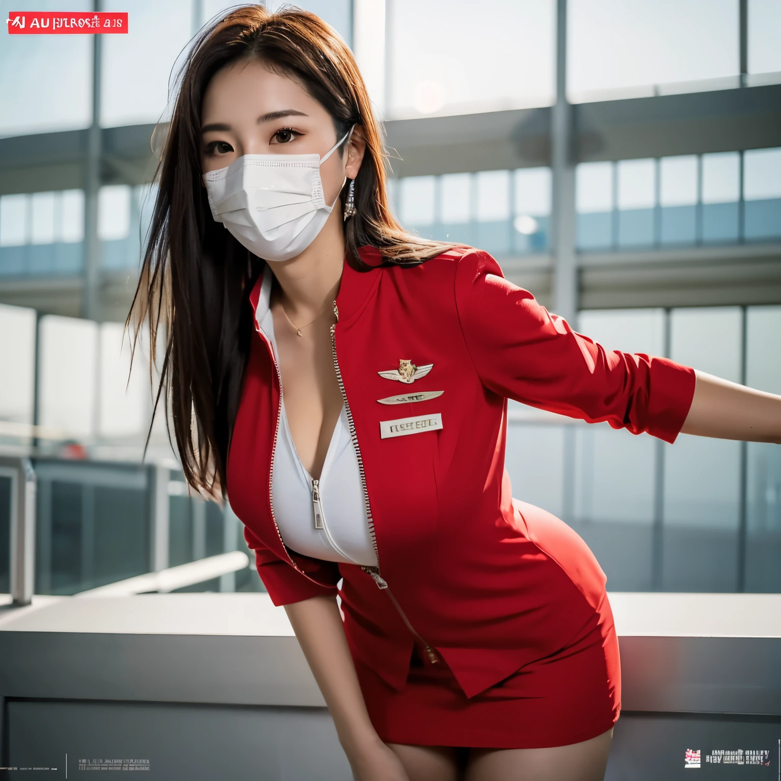 (masterpiece:1.2, Best Quality:1.2), 32K HDR, High resolution, (Solo, 1girl in), (Super realistic portraits of sexy and cute Japanese flight attendant, Ultra-realistic Air Asia stewardess uniform), 23 y-o woman, blonde hair, Bob Shorthair, ((slant eyes)), (red jacket with zipper removed:1.1, Unbuttoned white shirt:1.05, Red mini skirt:1.1, Mask:1.15, Perfect slim body:1.1, huge tits, huge boobs, huge breasts, huge cleavage), Detailed skin texture, Detailed face, Detailed eyes, (Leaning forward posture, realistic abandoned airport:1.2),