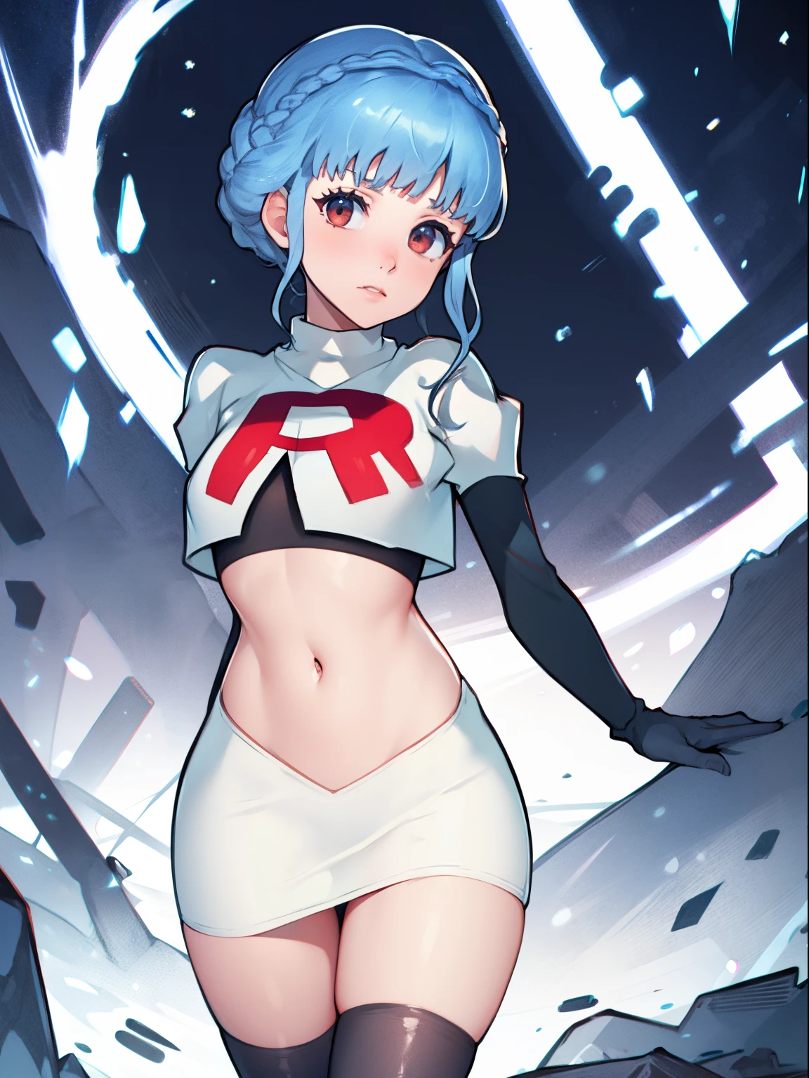 marianne von edmund, team rocket uniform, red letter R, white skirt,white crop top,black thigh-high boots, black elbow gloves, looking at viewer, cowboy shot, sexy pose, night sky background