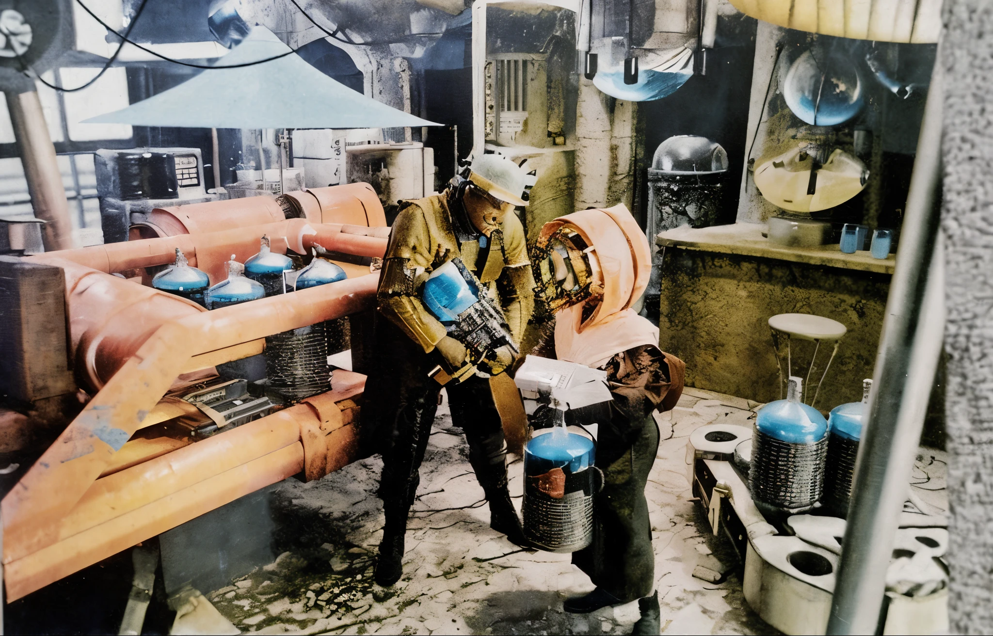Photograph, there are two people standing in a room with pipes and a man, depicted as a scifi scene, retro sci - fi picture, 2 0 0 0 ad magazine setting, production art, sci-fi movie shot, standing in a cantina, industrial light and magic, sci - fi scene, black mos eisley, surreal sci fi set design, from the phantom menace