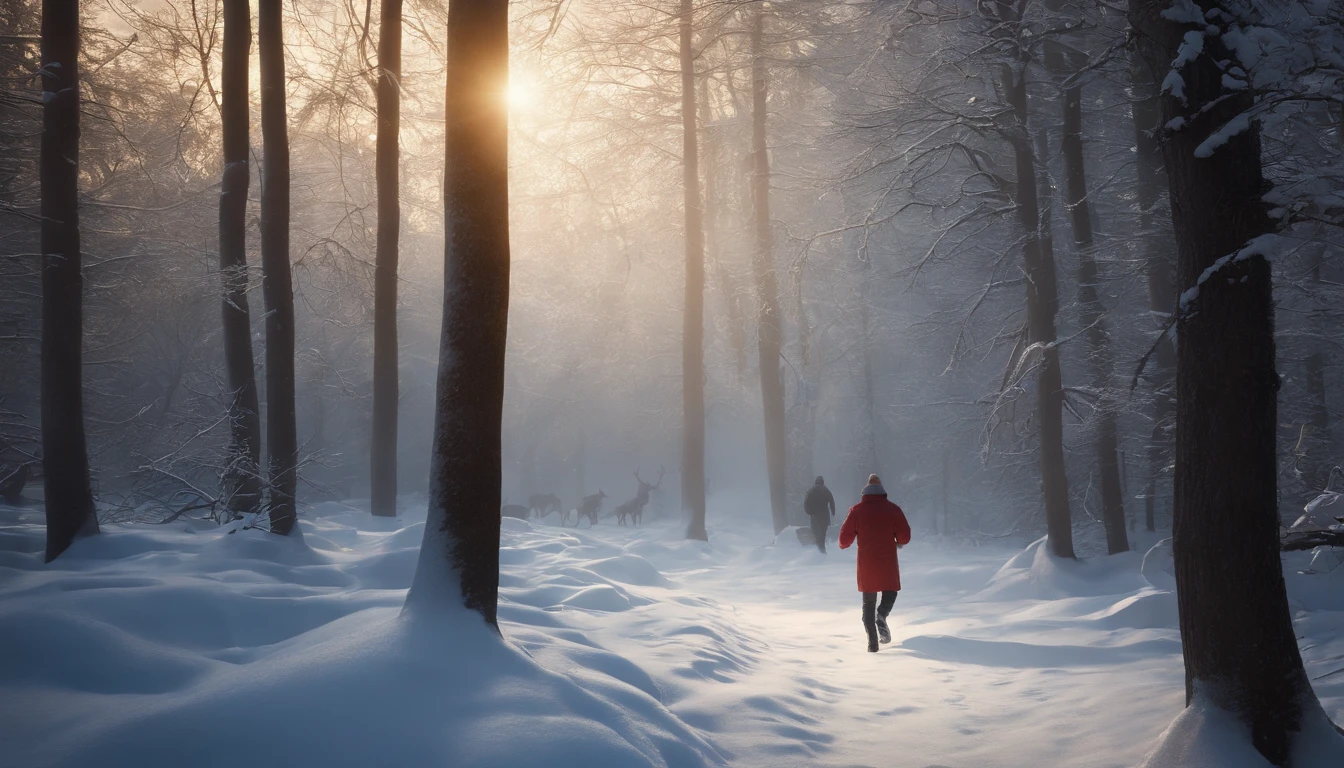 Draw a picture in the style of a winter evening fairy tale, somewhere in a snowy winter forest. One person is carrying a gift and running, with dozens of people chasing after him, Surrealism, cinematic lighting, ray tracing, reflection light, UHD, super detail, high quality, 8k, highres, high details, anatomically correct, textured skin